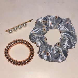 Pearl hair pin, Rose Gold Coil Bracelet & Light Blue Floral Scrunchie Set